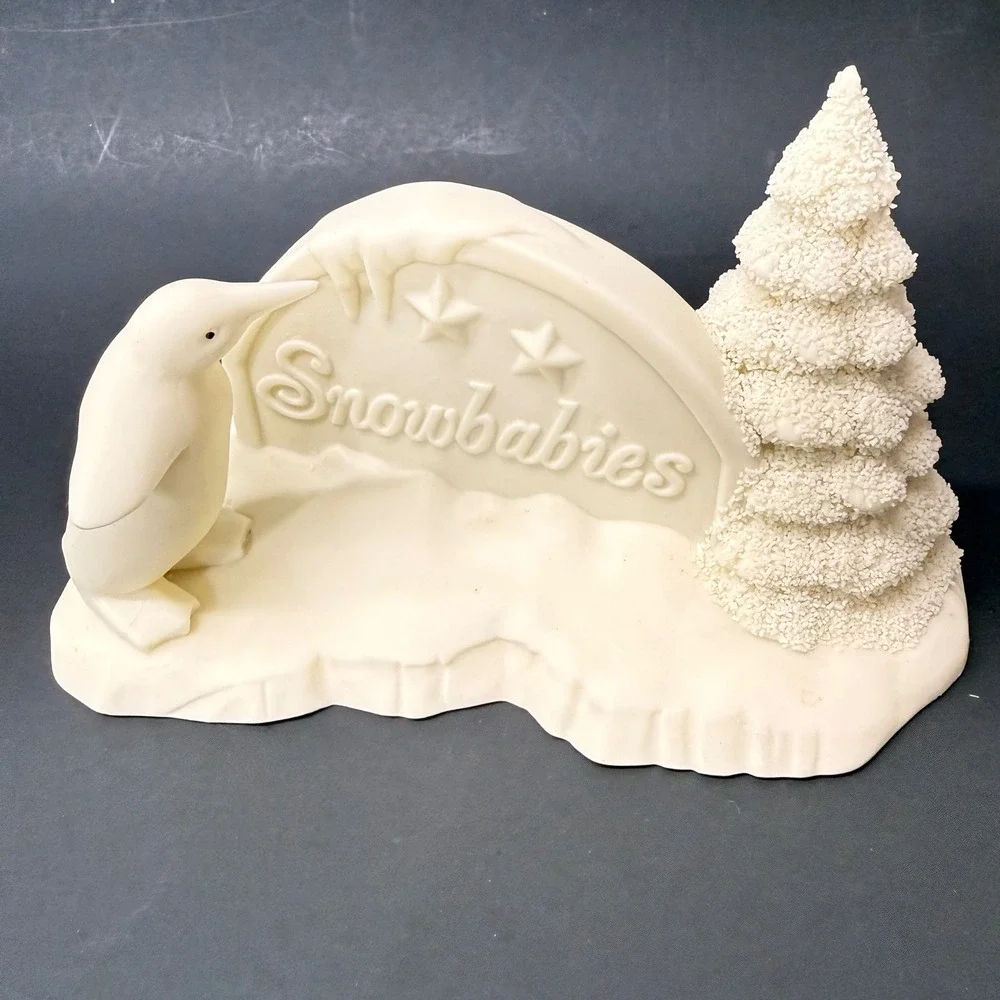 Department 56 Snowbabies Penguin and Tree Bisque Porcelain Figurine with Box